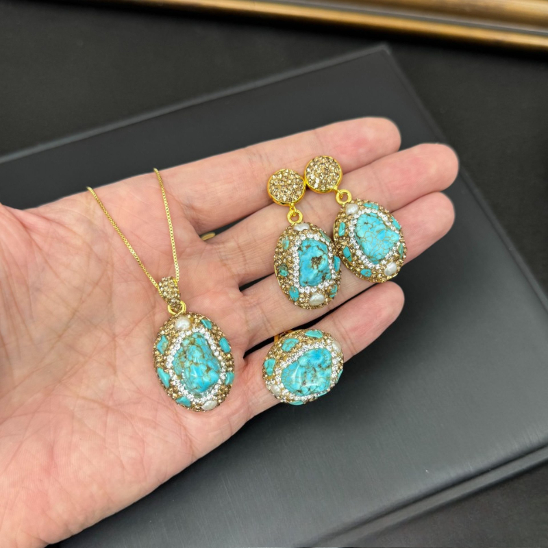 Elegant Ladies Jewelry Set 3Pc - Turquoise Stone Ring recension och pris