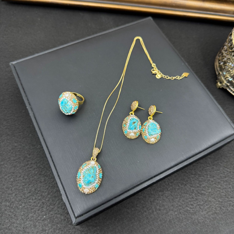 Elegant Ladies Jewelry Set 3Pc - Turquoise Stone Ring recension och pris